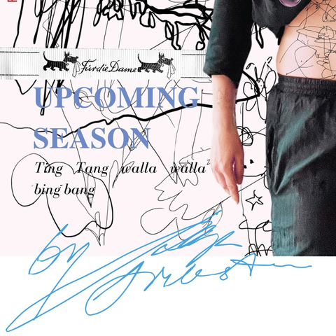 “A selfie of a person with an experimental, raw aesthetic. Accompanied by sketchy, chaotic, and unpolished drawings. The drawings and photo are part of an ironic art project titled ‘Petja Siebenstein’s Gaga Magazine.’ Background elements like bubbles and layout were created using a Canva template.