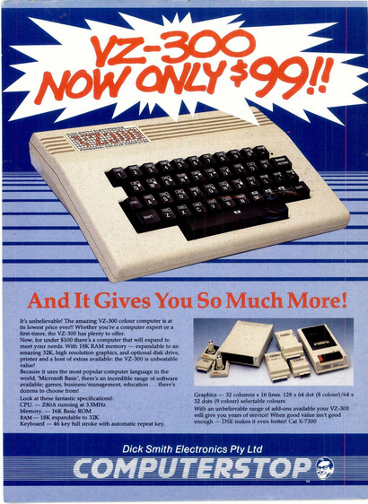 An advertisement for the VZ-300 color computer, which is being sold for $99. The advertisement highlights the features and benefits of the VZ-300, emphasizing its affordability and expandability. The computer is shown prominently at the top of the image, with a large, bold text announcing the price. Below the image of the computer, there is a detailed description of its features and capabilities, including its RAM, CPU, and graphics specifications. The advertisement also mentions the availability of software and add-ons, making it appealing for both computer experts and beginners