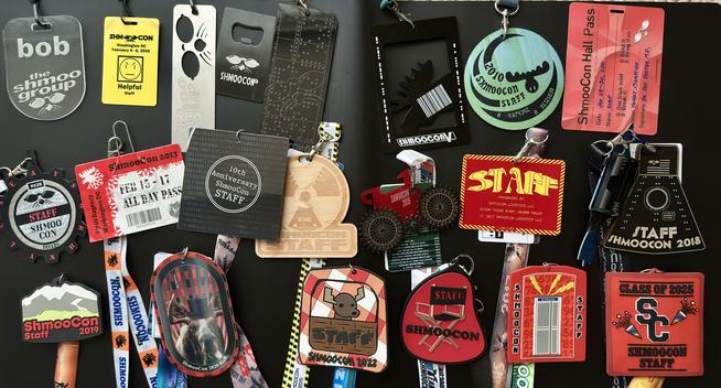 My Shmoo Group badge from pre Shmoocon, and all 20 Shmoocon staff badges.