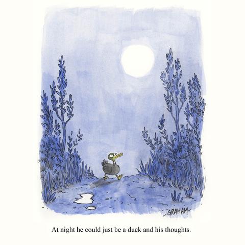 A cartoon illustration of a duck walking a country road at night. Caption reads "At night he could just be a duck and his thoughts."
