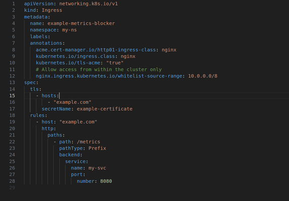 An example for blocking access to a path via ingress

apiVersion: networking.k8s.io/v1
kind: Ingress
metadata:
  name: example-metrics-blocker
  namespace: my-ns
  labels:
  annotations:
    acme.cert-manager.io/http01-ingress-class: nginx
    kubernetes.io/ingress.class: nginx
    kubernetes.io/tls-acme: "true"
    # Allow access from within the cluster only
    nginx.ingress.kubernetes.io/whitelist-source-range: 10.0.0.0/8
spec:
  tls:
    - hosts:
        - "example.com"
      secretName: example-certificate
  rules:
    - host: "example.com"
      http:
        paths:
          - path: /metrics
            pathType: Prefix
            backend:
              service:
                name: my-svc
                port:
                  number: 8080