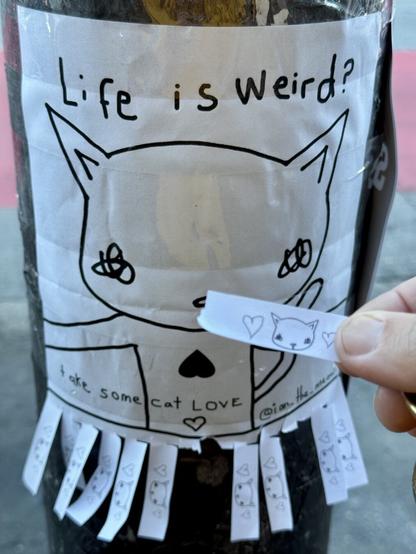 A flier taped to a pole on the street. It is a drawing of a cat that was drawn by Ian The Meow. It says "Life is weird? Take some cat love. @ian_the_Meow."
Underneath the art, the paper has been cut into little sections that can easily be ripped off. Each of these tabs has a drawing of the head of a cat and some hearts.