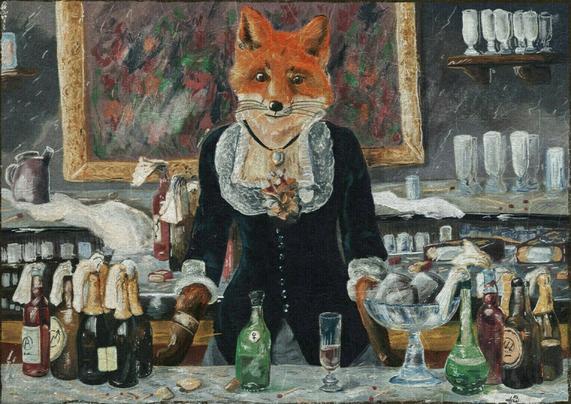 Peinture numérique avec une renarde en tenue élégante derrière un bar. Le bar est rempli de cocktails molotov avec des symboles révolutionnaires et anarchistes.

Digital painting showing a vixen in elegant clothing behind a bar. The bar is full of Molotov cocktails with revolutionary and anarchist symbols.
