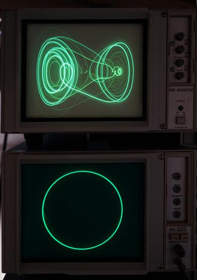 Two Tektronix analogue vector monitors on top of each other, the bottom one shows a circle, to top one a chaotic pattern.