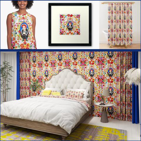 A vibrant collage featuring a repeating floral pattern inspired by folk art, with a central motif of a woman, Mary Queen of Scots framed by decorative designs. The pattern is showcased on various products:

A sleeveless dress modeled by a smiling woman.
A framed art print with the central motif prominently displayed.
A colorful shower curtain hanging in a bathroom setting.
A luxurious bedroom with curtains and bedding featuring the pattern, paired with a tufted headboard, bright accent pillows, and modern furnishings.
The scene highlights the versatility of the pattern in fashion, art, and home décor.