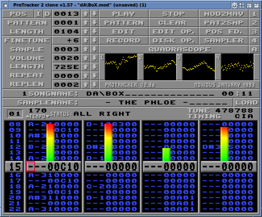 Screenshot of Protracker 2 (clone) for Linux, playing the  tune Da\Box by Phloe (although the screenshot says "The Phloe").

The window contains dozens of buttons and values, as well as sound-scopes with waveforms for each of the four channels on the top half. The four audio tracks with hex-values scrolling past in the bottom part.
The window is mostly medium grey, with sound scopes in black and yellow, but the audio tracks are blue text on black background and have red-yellow-green audio meters overlaid.