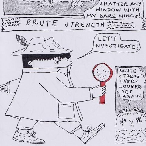 The second page of the comic, showing detective Tso striding forward purposefully, and Oat the owlet very annoyed that brute strength could be overlooked yet again.
