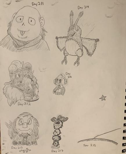 Day 211: Melody (Hunter x Hunter)
Day 212: Madame Tusk (Spelunky 2)
Day 213: my partner, Nessie
Day 214: Rag Rappy (Phantasy Star Online)
Day 215: A recreation of the final illustration from Antoine de Saint-Exupéry's "The Little Prince".
Day 216: Taizo Hori (Dig Dug/Mr. Driller)
Day 217: Pokey (Super Mario Sunshine)