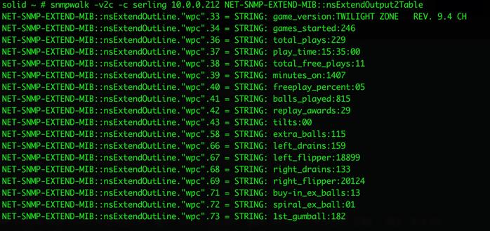 A screenshot showing audit data from a Twilight Zone pinball machine being retrieved via SNMP.