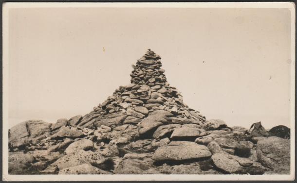 Sepia real photographic postcard showing a view of the stone cairn at the summit of Carn Gorm in the Grampian Mountains of Moray.
Privately produced, No 10 51, K Ltd stamp box.
Postally unused, but dated July 1936.
Good condition, with slight corner bumps.