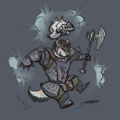 art by me for a client. the anthro badger character horace, from the  game armello, but with sort of smears of pink skin on his face and gear that seems slightly off-color, like it's still changing. he's hanging in midair holding his war axe and grining, surrounded by puffs of magic smoke. his helm - which was once a hat - hovers in the air above him, also surrounded by a magic cloud as it completes its TF from baseball to war helm.