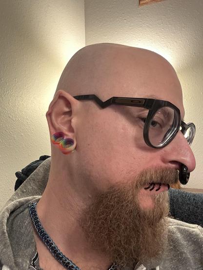 A close-up profile of a bald individual wearing large glasses. The person has a thick beard and multiple facial piercings, including a circular black nose ring and several rings in the lower lip. Ear mods are visible, featuring colorful, double lobe tunnels, and the ear is pointed.