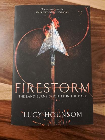 The cover of the book.

A spear tipped with fire on a black background. A reddish swirl radiates out from the spear.