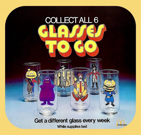 There are six glasses total. There’s Mayor McPhee’s, grimace, Ronald McDonald, a police officer with a hamburger head, a pirate, and the hamburgler