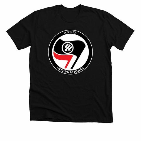 Black t-shirt with the Antifa International "two flags, three arrows" logo