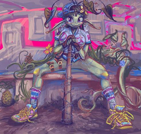 sport-garbed yet trouserless anthropomorphic plant person with large pointy ears and ridiculous overpronounced eyelashes sitting in a dugout-type space sitting with legs on either side of a baseball-hitting-object covered with barbed wire nlike what is generally used for striking a ball