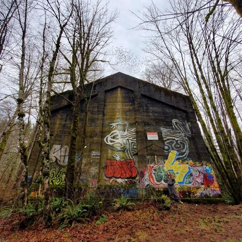 A large, rectangular concrete structure, featuring elaborate graffiti art, including abstract shapes and colorful designs, on its exterior wall. The building is partially shaded by surrounding trees, which have a mix of moss-covered trunks and bare branches. A lone figure in gray clothing stands to the right, with autumn leaves covering the ground, and a sign mounted on the wall reading "No Trespassing." The sky above is overcast, contributing to a moody atmosphere.