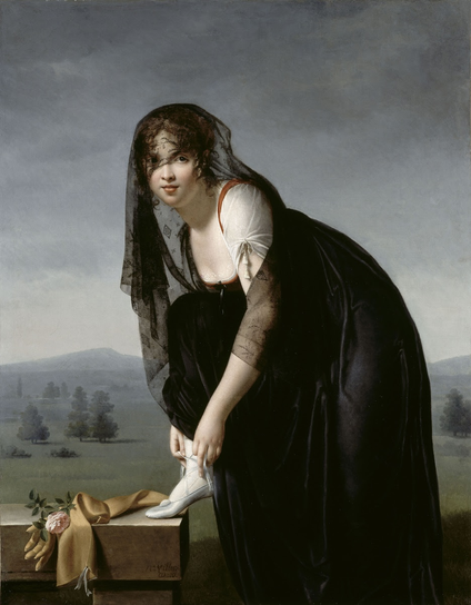 A Neoclassical painting. A woman stands with one foot on a wall, tying her slipper. She wears a black skirt and white bodice, and a black lace shawl/veil partly shades her face. By her foot is a pair of tan gloves and a rose. In the background, rolling hills with occasional trees reach back to mountains in the distance.