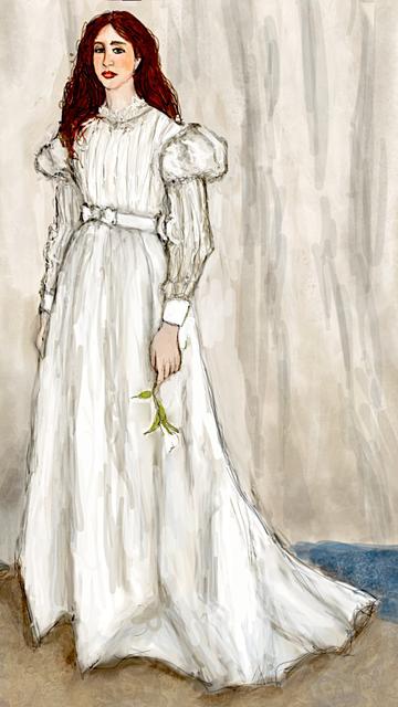 A young woman with reddish hair, standing, dressed in a full-length white dress. She holds a white flower in one hand.