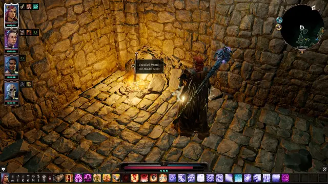 Video game character looking at a Dark Souls bonfire easter egg with a Uncoiled Sword