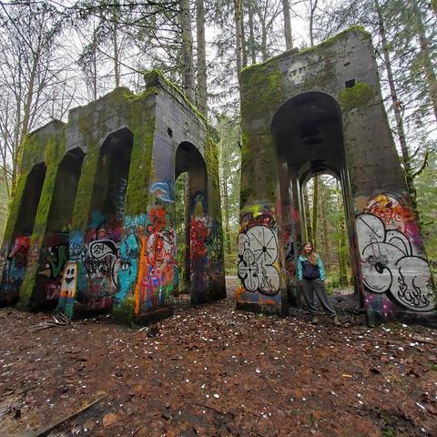 Two tall, vertical, concrete structures with arched openings, covered in moss & vibrant graffiti. The left structure shows significant moss growth, while both are framed by tall trees in a forested environment. The color palette includes greens from the moss, browns from the earth, and various bright colors from the graffiti. In the foreground, a person in a teal jacket leans against a ruin, positioned slightly left of center, adding a human element to the scene. The lighting appears diffused due to cloud cover, creating a somber yet intriguing atmosphere.