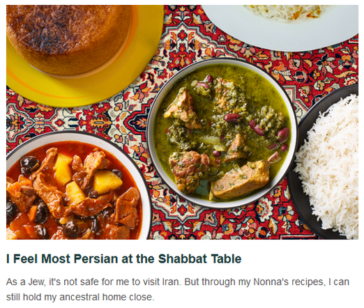 I Feel Most Persian at the Shabbat Table

As a Jew, it's not safe for me to visit Iran. But through my Nonna's recipes, I can still hold my ancestral home close.

Photo of a table with a red mosaic pattern, topped with several dishes of food, including rice, a meat stew, a green herb dip, and a honey cake.