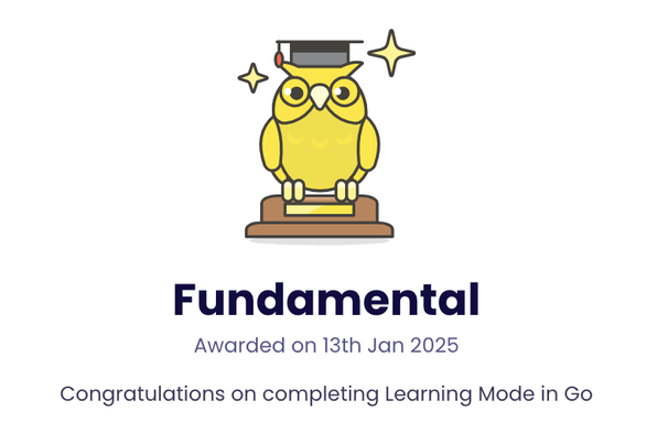 A cartoon owl with a graduation cap on a trophy. Below reads:
"Fundamental
Awarded on 13th Jan 2025
Congratulations on completing Learning Mode in Go"
