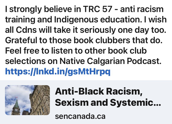 #IndigenousBook #BookClub #IndigenousReads #CanadaReads 2025:  Tonight’s book club was hard on the heart.  January: Sites of Truth, Site of Conscience is a 256-page deep dive into the “assimilationist policies” of the system by Kimberly Murray, the special interlocutor for missing children and unmarked burials. https://drive.google.com/file/d/1QxAYUtCztmu1o04-wJ9xZ50Qc77N3rNo/view   If you want to join us for February, we are covering: Anti-Black Racism, Sexism and Systemic Discrimination in the Canadian Human Rights Commission https://sencanada.ca/en/info-page/parl-44-1/ridr-anti-black-racism/  If you’d like to join us: Register in advance for this meeting: https://us02web.zoom.us/meeting/register/tZAkc-msrjwoG9ztMv_DGuqmkjVv6bAcx4Ha  After registering, you will receive a confirmation email containing information about joining the meeting.  I strongly believe in TRC 57 - anti racism training and Indigenous education. I wish all Cdns will take it seriously one day too. Grateful to those book clubbers that do. Feel free to listen to other book club selections on Native Calgarian Podcast. https://linktr.ee/nativecalgarian