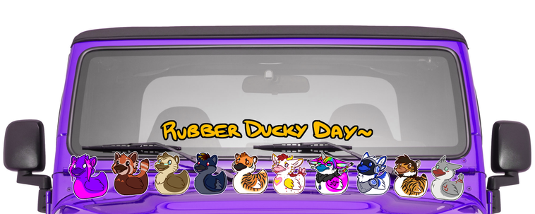Picture of a Purple Jeep Wrangler with 10 different rubber ducks, designed after people's characters, lined up on the hood. Text reads "Rubber Ducky Day"