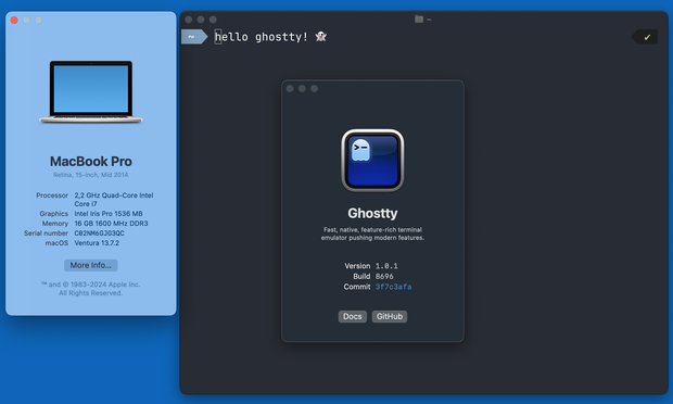 A screenshot of a 2014 MacBook Pro running the Ghostty terminal emulator, thanks to OpenCore Legacy Patcher.