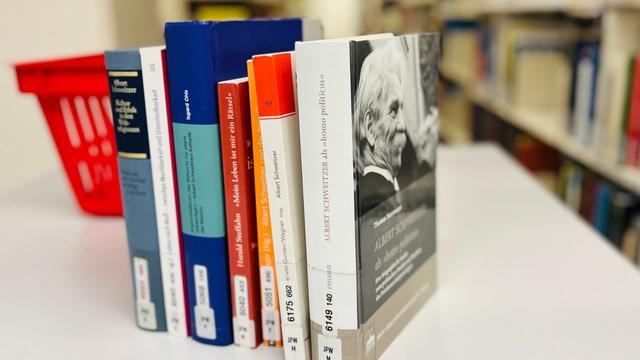 Verschiedene Bücher über Albert Schweitzer nebeneinander aufgestellt