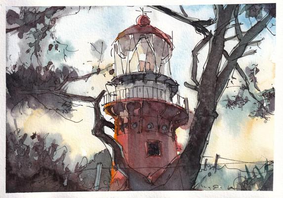 A loose watercolor illustration of a lighthouse. I painted it 'en plein air', on the Dutch island of Vlieland. The sun was setting swiftly, so I had to hurry.