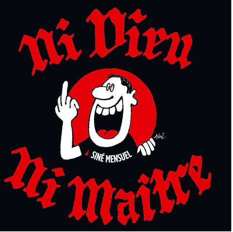 ni dieu ni maitre avec un personnage de siné qui fait un doigt d'honneur