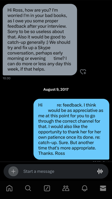 Screenshot of a Twitter DM received three months after an interview.