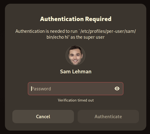 GNOME auth dialog displaying a password entry textbox after fingerprint auth fails.