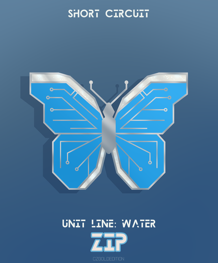 Design for an enamel pin of a blue printed circuit board in the shape of a butterfly. Text on the image reads, "Short Circuit", "Unit Line: Water", "Zip".