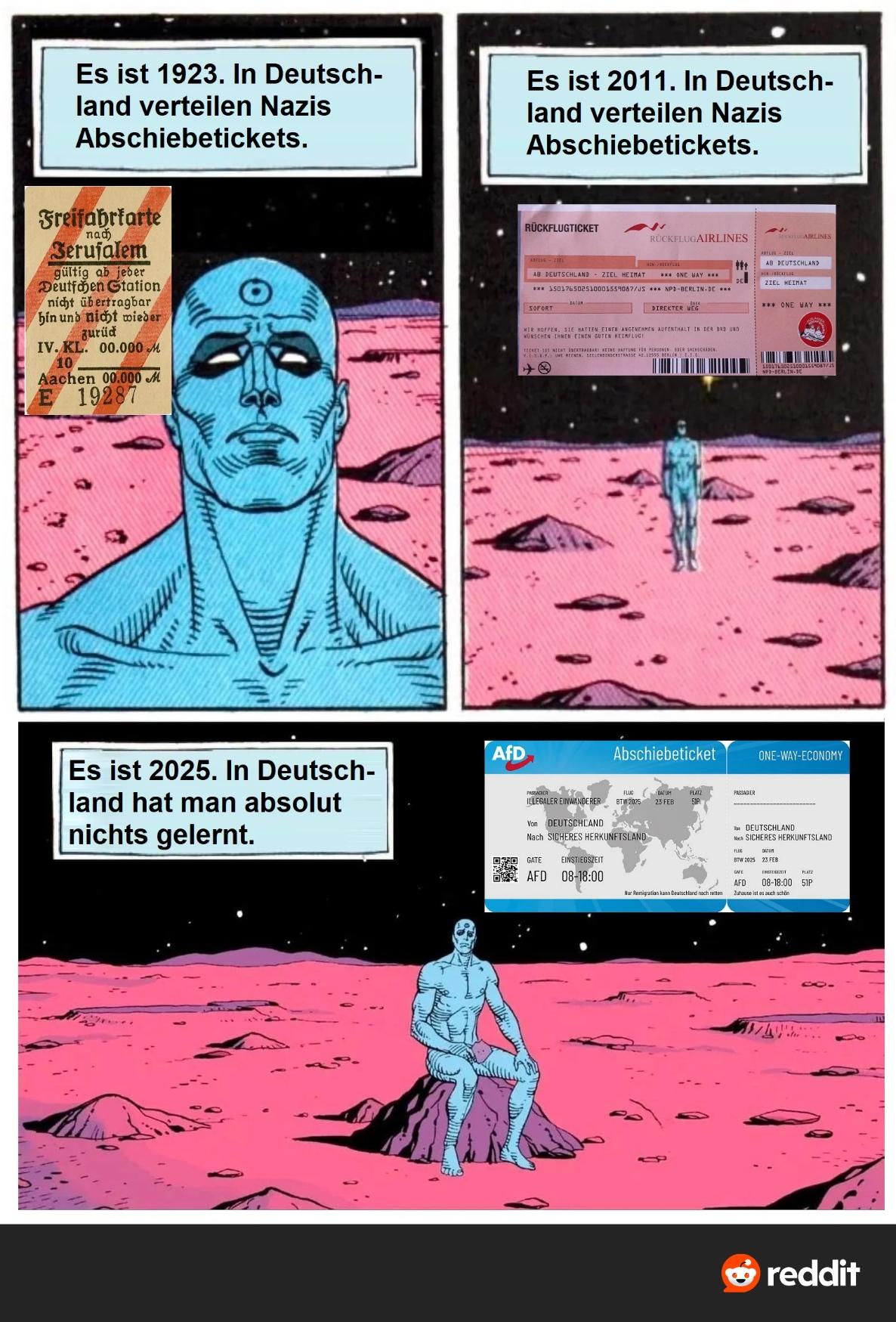 Das Bild ist ein dreiteiliger Comic-Strip, der die Figur Dr. Manhattan auf einem rosafarbenen Planeten zeigt.  Jeder Teil zeigt ein anderes Jahr (1923, 2011, 2025) und beinhaltet ein Abschiebeticket, das von Nazis in Deutschland ausgestellt wurde.  Der Text impliziert, dass Deutschland in Bezug auf die Abschiebung von Menschen nichts gelernt hat.  Die Tickets zeigen eine zunehmende Abstraktion und Entfernung der Abschiebungszielorte.<br>
Bereitgestellt von @altbot, generiert mit Gemini