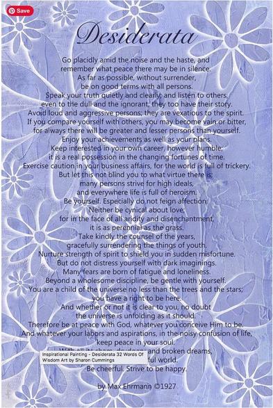 Periwinkle daisies with the Desiderata poem over it by artist Sharon Cummings.