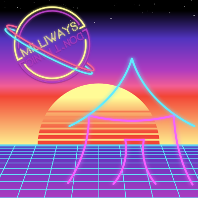 An 80's neon noir / retrowave / vaporwave or synthwave styled image.

The image features a stylized Milliways logo on a tron-esque background featuring a gradient from yellow at the horizon through orange, red, pink, purple and blue to black at the top with setting sun and neon outline of a tent in the foreground on a purple ground with a neon blue grid overlay.