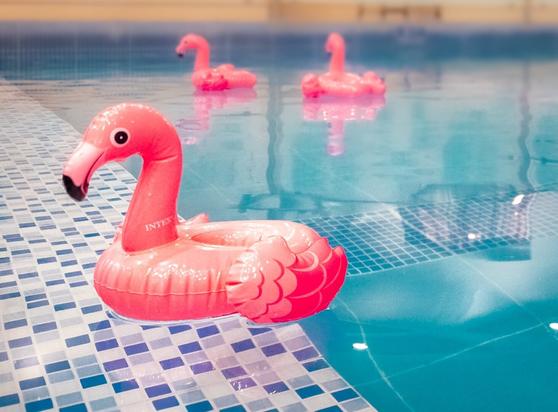 A small inflatable pink flamingo floating in a pool with torquoise colored water. Visible just beneath the surface is a tilted step with alternating patterns of blue and white little tiles