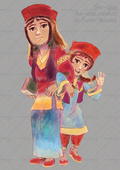 Jan 2025
Scheherazade [left, holding a book - 16years old] and Dunyazad [right, waving - 10 years old]
A pair of sisters I drew from a long time ago, when I was making an original project that drew inspiration from Persian mythology, folklore and of course, A Thousand and One Nights. I envisioned them to be adopted daughters of a deity of fire and truth, based on Zoroastrianism, but in the end I didn't get so far as I always fear I would offend those who are still practising their faith

Still, I always have a soft spot of these; I just couldn't let them go wasted in the aether