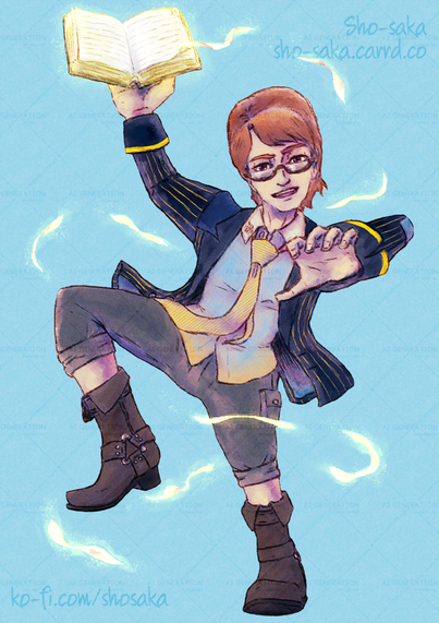 Jan 2025 [Redraw from September 2009]

Saint Bede the Venerable Librarian - very loosely based on the actual Saint Bede IRL (not to mention the namesake was based on a secondary school + sixth form college I went to as a teenager)

Image: St. Bede standing on one foot as he does the anime-esque wizard pose with a hand geusture on his left and holding a magical book on his right, while magical glowing pages surround him