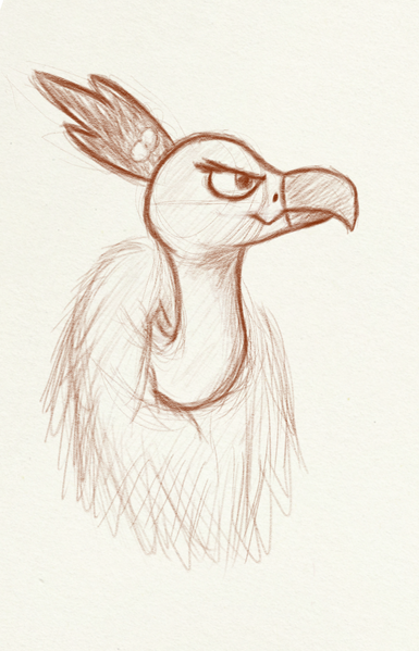 A side-profile monochrome sketch of a Mandibuzz. The background is a kind of light creamy colour with a hint of a paper-y texture, and the lines are done with a dark-red colour. The Mandibuzz's ruff looks very shaggy. The overall feel of the image is supposed to look like it was drawn on physical paper.