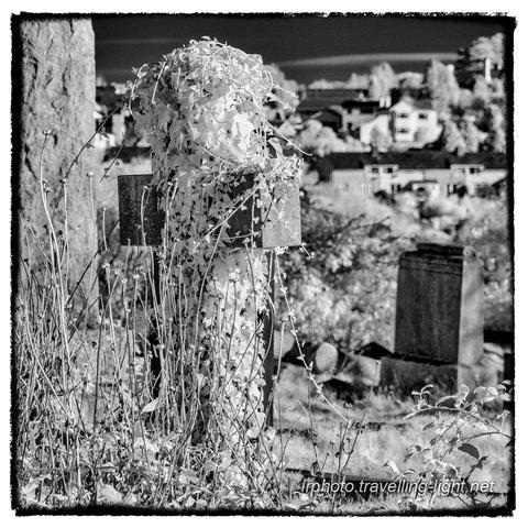 A square black and white infrared photo showing a grave marker in the form of a cross in an overgrown churchyard, with out of focus buildings in the distance at top right.