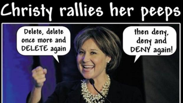 Christy Clark stands at a podium with a confident expression, gesturing as she addresses an audience. Speech bubbles above her read "Delete, delete once more and DELETE again!" and "then deny, deny and DENY again!" The atmosphere suggests a rally or public event.