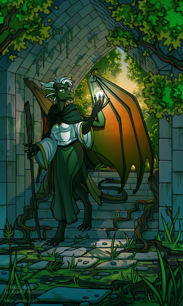 Illustration of Zeta Syanthis, an anthro dragon, exploring part of an overgrown temple. She casts a light spell in her left hand, illuminating the passageway. In her right hand, she holds a long staff like a walking stick. The stone walls and floor around her have been overtaken by moss, trees, and other vegetation, and golden hour light shines through the entrance behind her.