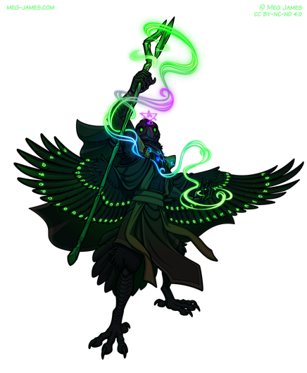 Full body drawing of Brennus, a crow-like tengu, raising up a staff in his right hand and casting a powerful spell with swirling green, blue, and purple magic. He is glaring at the viewer.