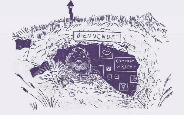 Illustration en violet sur blanc dans un style gravure simple. Un ragondin souriant se tient devant l'entrée d'un terrier sous-terre. À l'intérieur on devine des posters avec des thématiques révolutionnaires et progressistes. Au dessus de l'entrée un panneau indique "bienvenue"