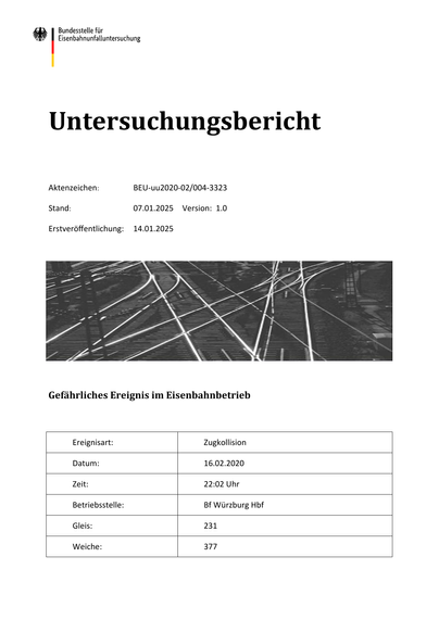 Untersuchungsbericht
Aktenzeichen:

BEU-uu2020-02/004-3323

Stand:

07.01.2025 Version: 1.0

Erstveröﬀentlichung:

14.01.2025

Gefährliches Ereignis im Eisenbahnbetrieb

Ereignisart:

Zugkollision

Datum:

16.02.2020

Zeit:

22:02 Uhr

Betriebsstelle:

Bf Würzburg Hbf

Gleis:

231

Weiche:

377