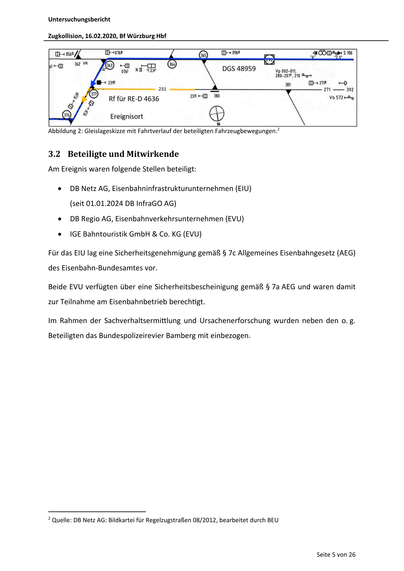 Untersuchungsbericht
Zugkollision, 16.02.2020, Bf Würzburg Hbf

Abbildung 2: Gleislageskizze mit Fahrtverlauf der beteiligten Fahrzeugbewegungen.2

3.2 Beteiligte und Mitwirkende
Am Ereignis waren folgende Stellen beteiligt:


DB Netz AG, Eisenbahninfrastrukturunternehmen (EIU)
(seit 01.01.2024 DB InfraGO AG)



DB Regio AG, Eisenbahnverkehrsunternehmen (EVU)



IGE Bahntouristik GmbH & Co. KG (EVU)

Für das EIU lag eine Sicherheitsgenehmigung gemäß § 7c Allgemeines Eisenbahngesetz (AEG)
des Eisenbahn-Bundesamtes vor.
Beide EVU verfügten über eine Sicherheitsbescheinigung gemäß § 7a AEG und waren damit
zur Teilnahme am Eisenbahnbetrieb berech gt.
Im Rahmen der Sachverhaltsermi lung und Ursachenerforschung wurden neben den o. g.
Beteiligten das Bundespolizeirevier Bamberg mit einbezogen.

2

Quelle: DB Netz AG: Bildkartei für Regelzugstraßen 08/2012, bearbeitet durch BEU

Seite 5 von 26